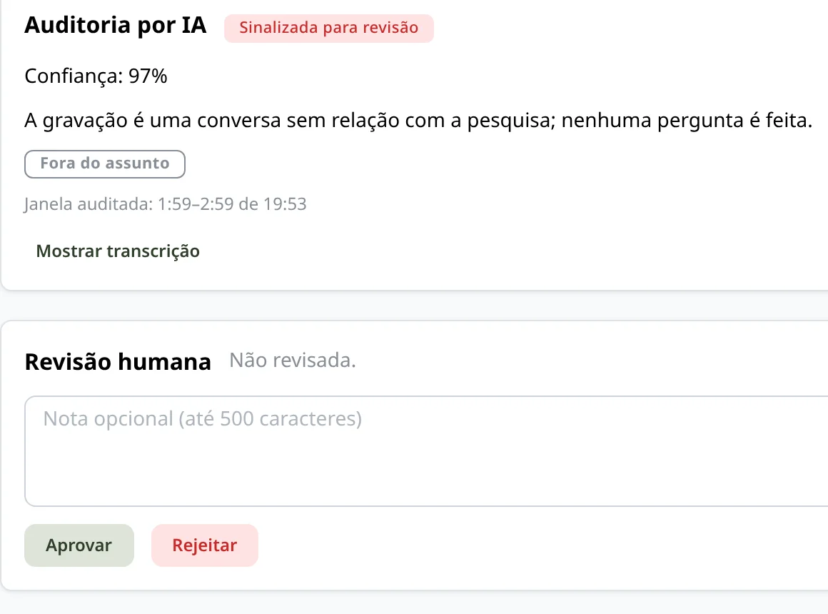 Detalhe da entrevista com o veredito da auditoria por IA